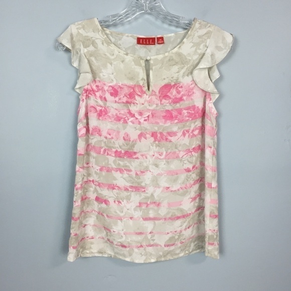 ELLE Flutter Cap Sleeves Striped Floral Blouse - Picture 10 of 14